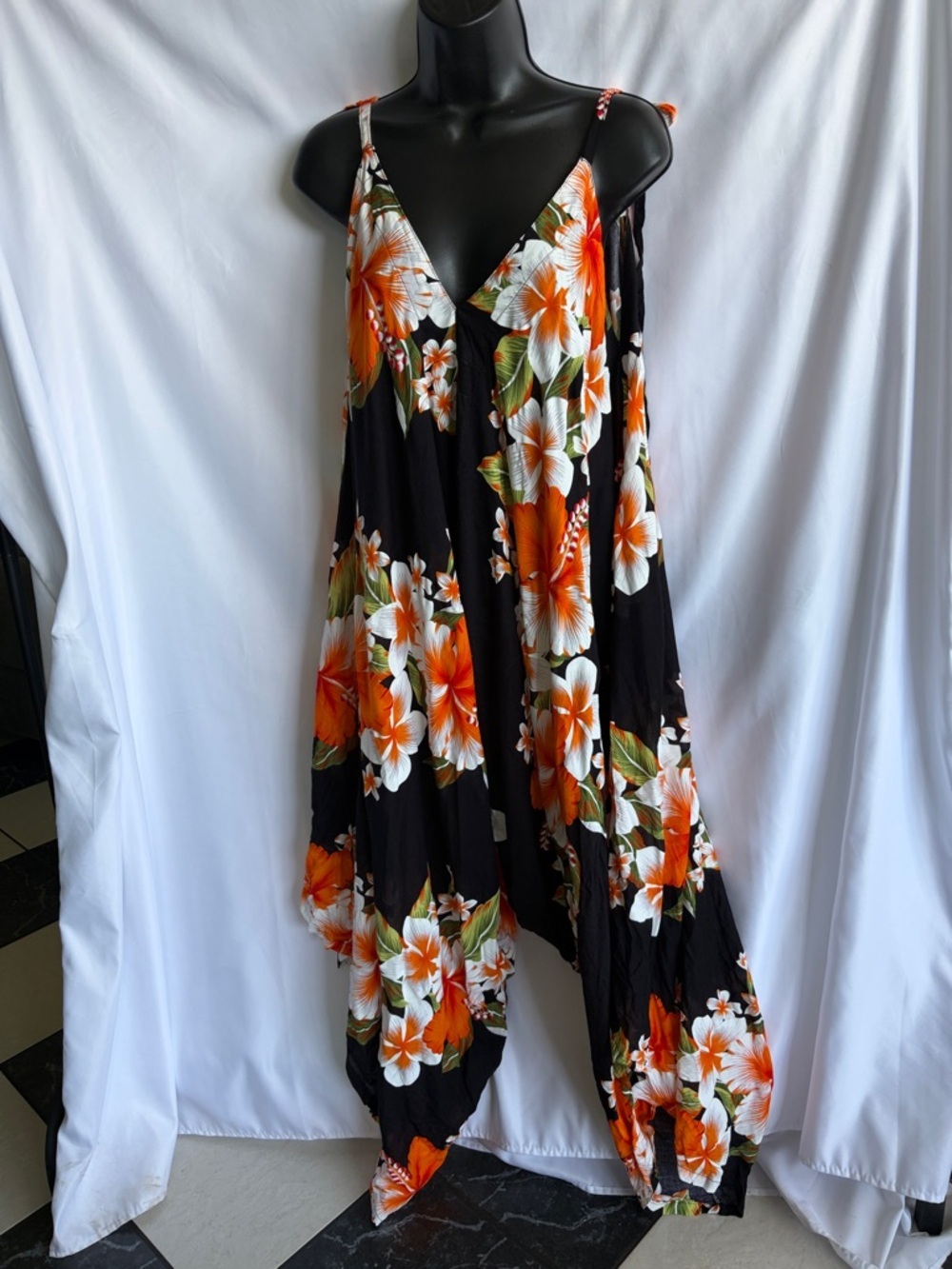 Ultra Wide Leg Hawaiian Print One Size Jumpsuit, Orange & Black, 26” PTP